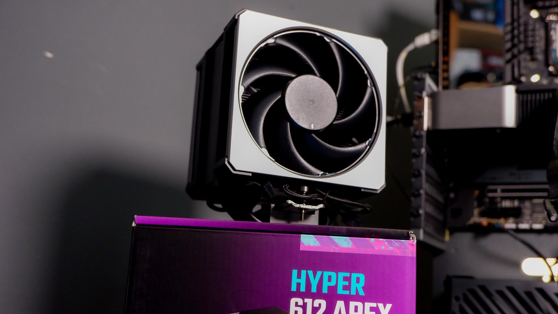 A Cooler Master Hyper 612 Apex on a desk and installed on a gaming PC.